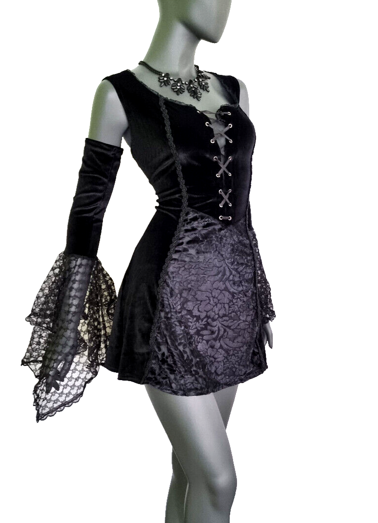 Bäres Samt Longshirt Kleid Gothic  Witch Medieval Punk schwarz Spitze  Gr.38-42