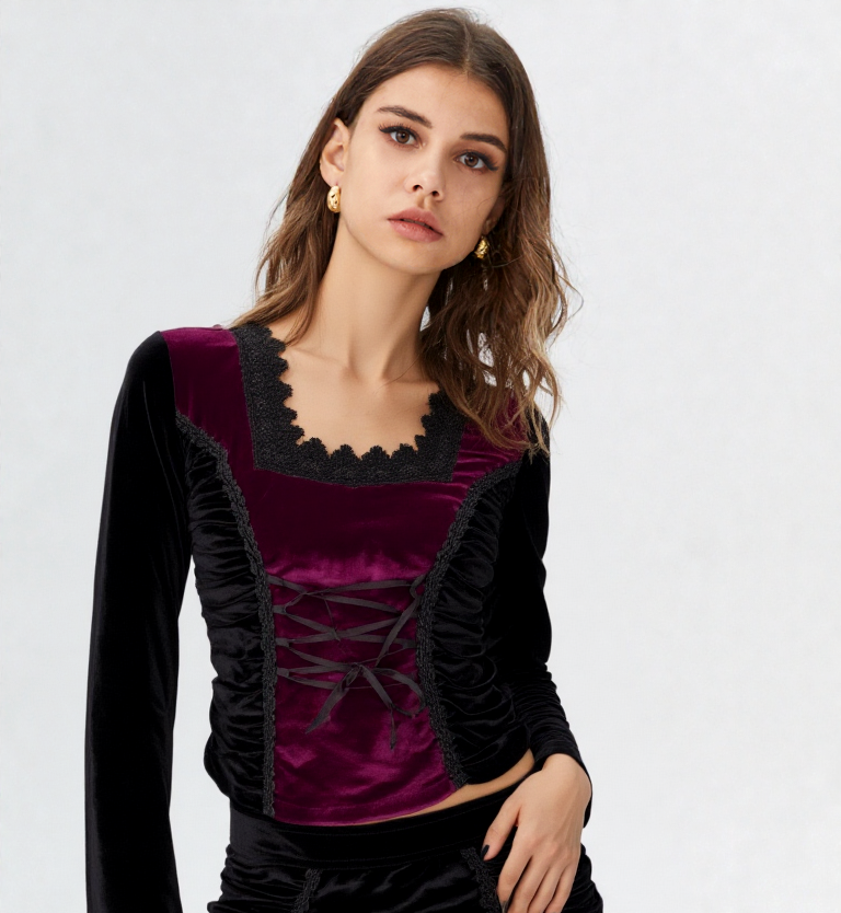 Bäres Samtshirt langarm Corsagenlook Raffung Gothic Viktorian Gr.34/36