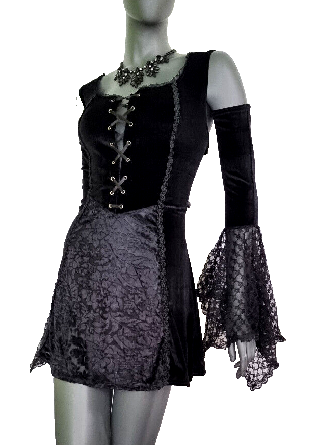Bäres Samt Longshirt Kleid Gothic  Witch Medieval Punk schwarz Spitze  Gr.38-42
