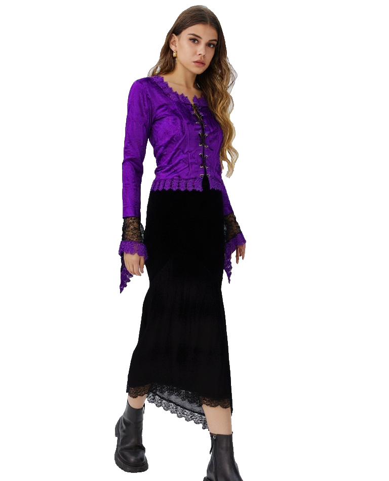 Samtbluse Schnürung Spitze Gothic Victorian Zipfelärmel lila Gr.34/36 kl.38