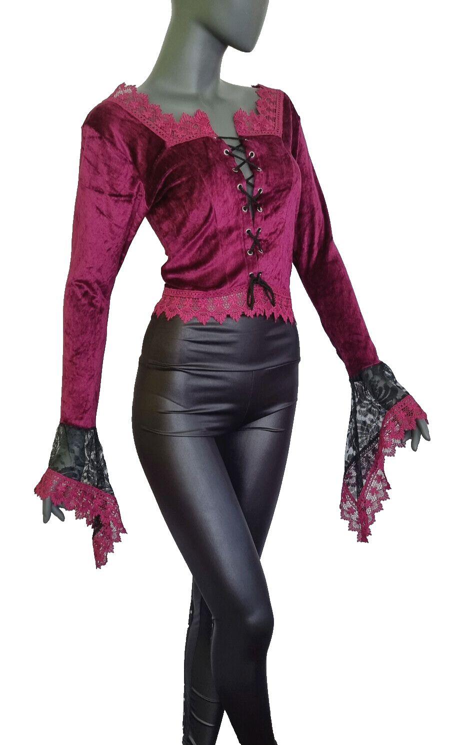 Kurz-Bluse Boho Ethno Gothic bordeaux lila Zipfel Corsagenschnürung 34-38