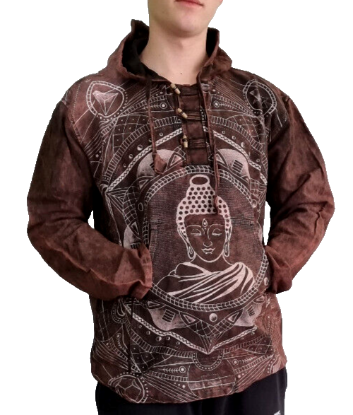 Buddha Herren Hemd-Shirt Nepal Ethno Hoodie Nepal Knebelverschluss Gr. L/XL