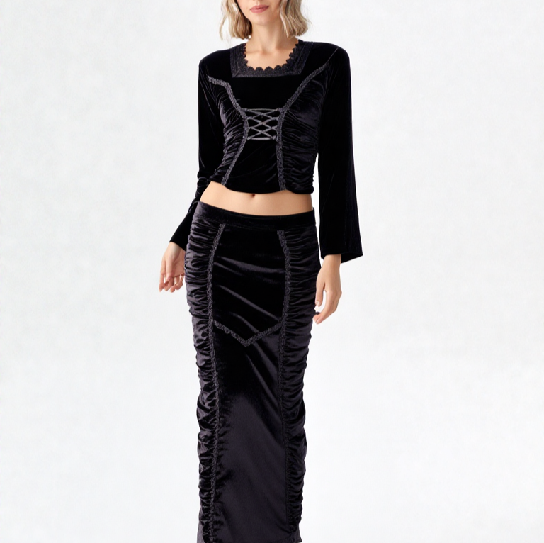 Bäres Samtshirt langarm Corsagenlook Raffung Gothic Viktorian schwarz Gr.34/36