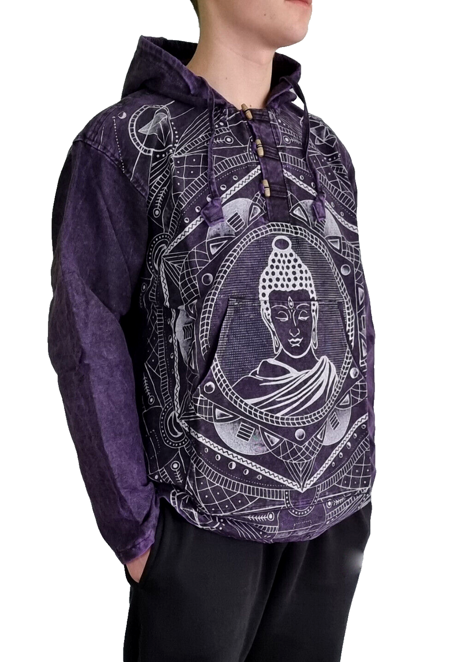 Buddha Herren Hemd-Shirt Nepal Ethno Hoodie Nepal Knebelverschluss Gr. L/XL