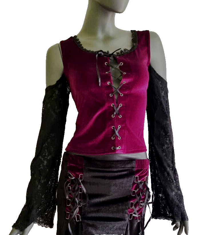 Samtshirt Schnürung Spitzenärmel off shoulder Gothic Gr. 38/40 kl.42