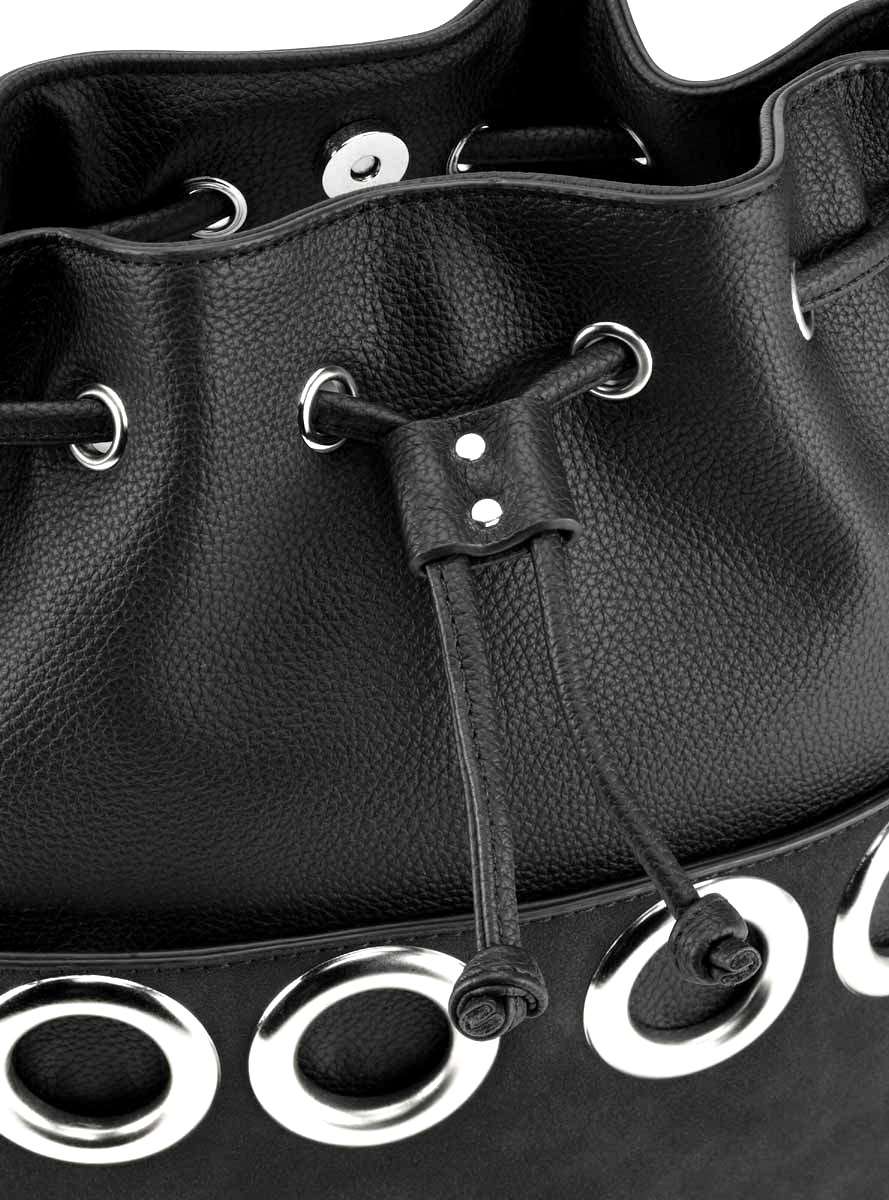 Beuteltasche m. Metall-Ösen, schwarz silber Lederlook