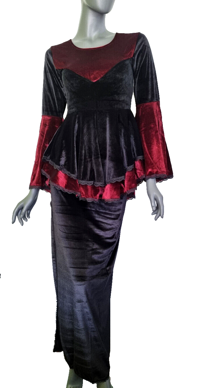 SamtTunika  Gothic  Witch Medieval Victorian schwarz-rot Larp Gr.34-38