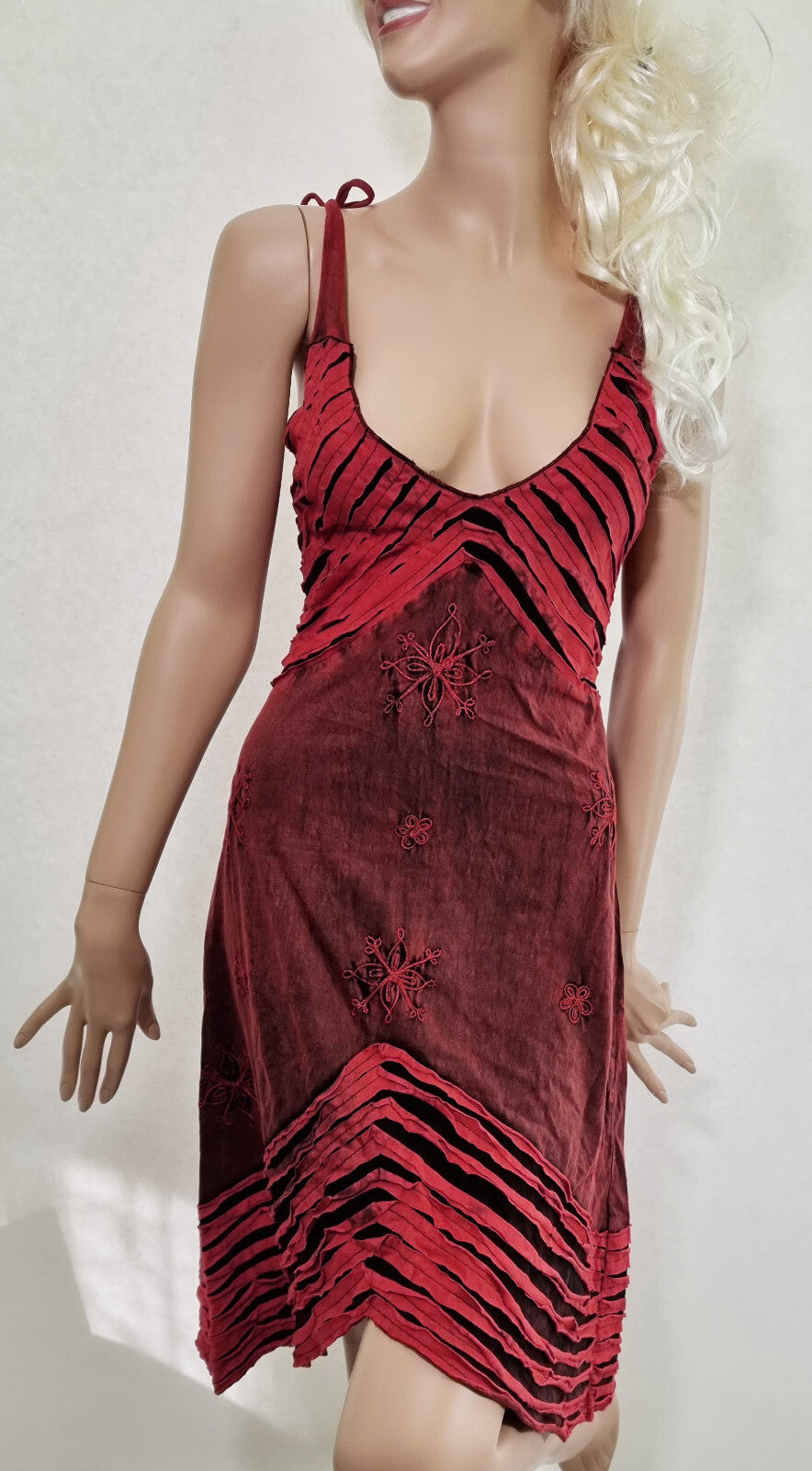 Razor Cut Ethno Kleid handgewebt blau grün rot Hängerkleid Gr.34-38