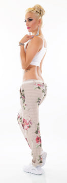 Zeige Bild ITALY Damen Hose  Blumen Boho Landhaus Leinen Look altrosa Gürtel 34-38 4