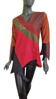 Damen Top Ethno Nepal Hippie Boho Patchwork braun-rot asymetrisch Gr.34-38