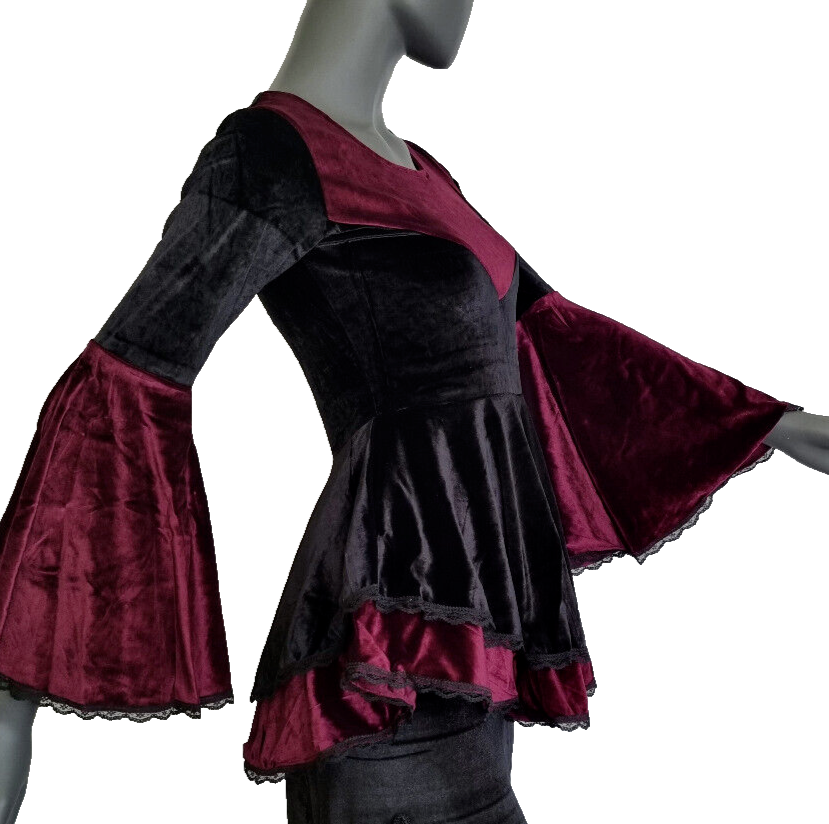 SamtTunika Gothic Witch Medieval Victorian schwarz-bordeaux Larp Gr.38-42