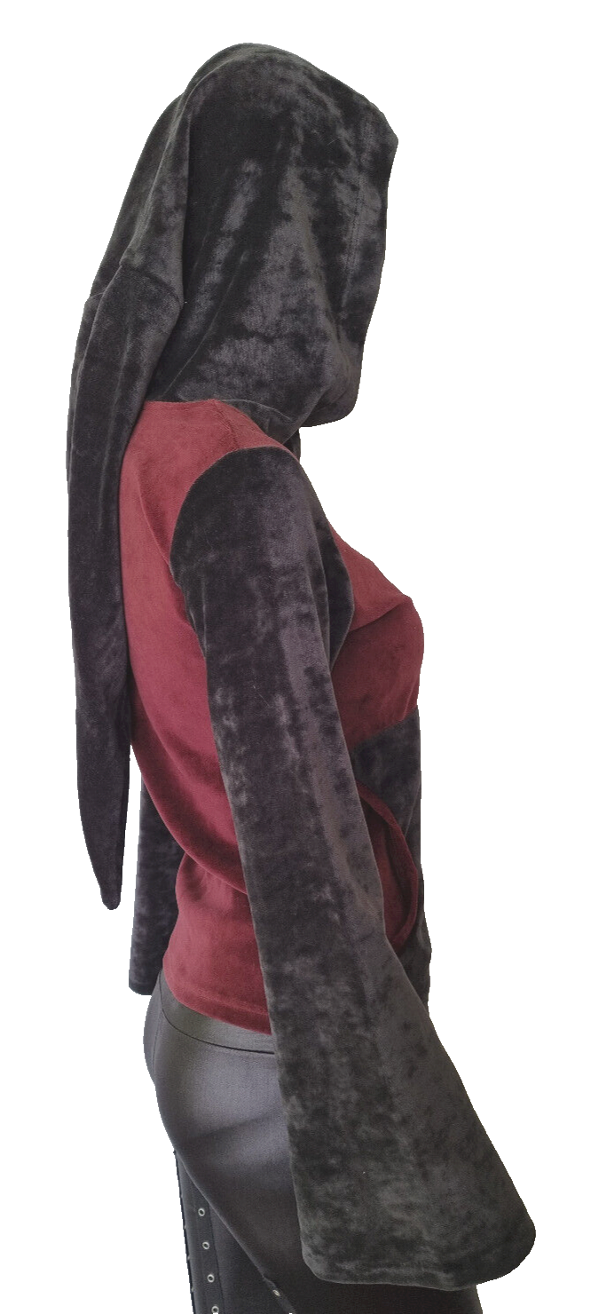 Gugel Nickisweater Vintage Gothic Pixie Larp grau violett-bordeaux Gr.34/36