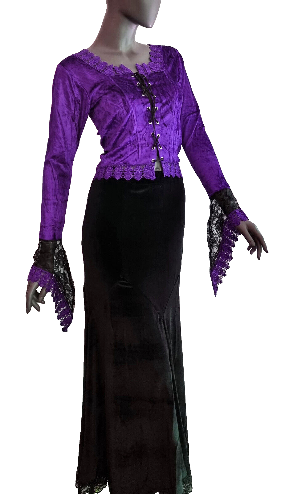 Samtbluse Schnürung  Spitze Gothic Victorian Barock Zipfelärmel Gr.34/36 kl.38