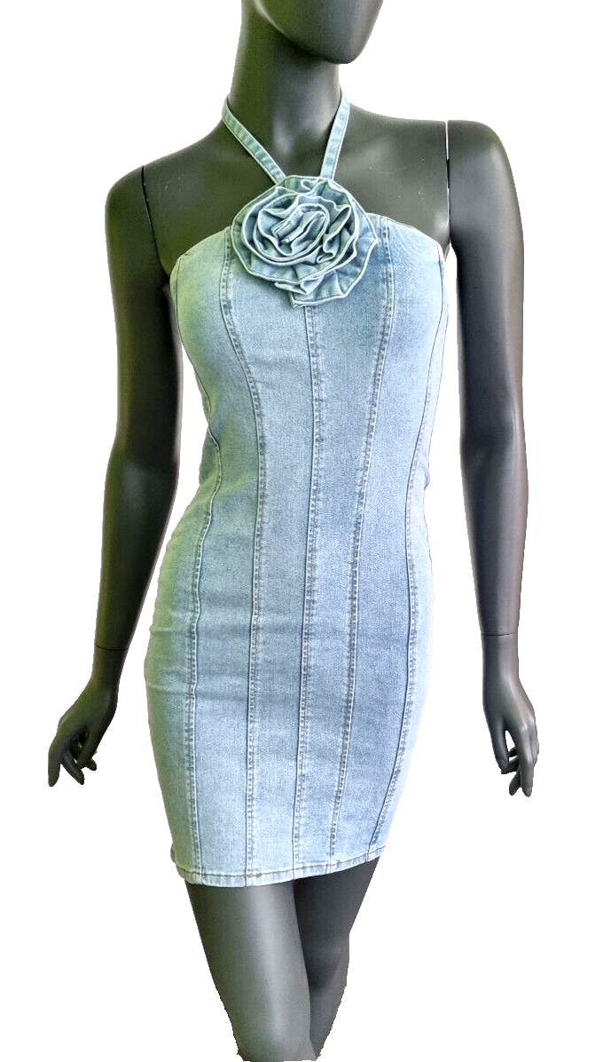 Laulia Paris Jeanskleid Neckholder mit Blüte Gr.XS-XL