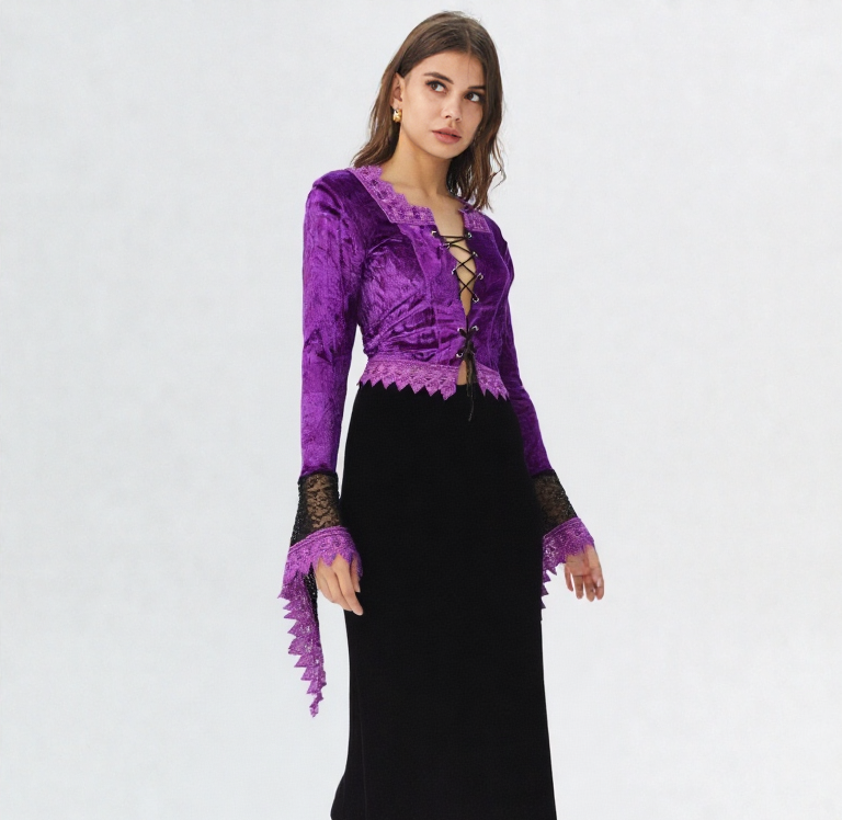 Samtbluse Schnürung Spitze Gothic Victorian Barock Zipfelärmel Gr.36-40