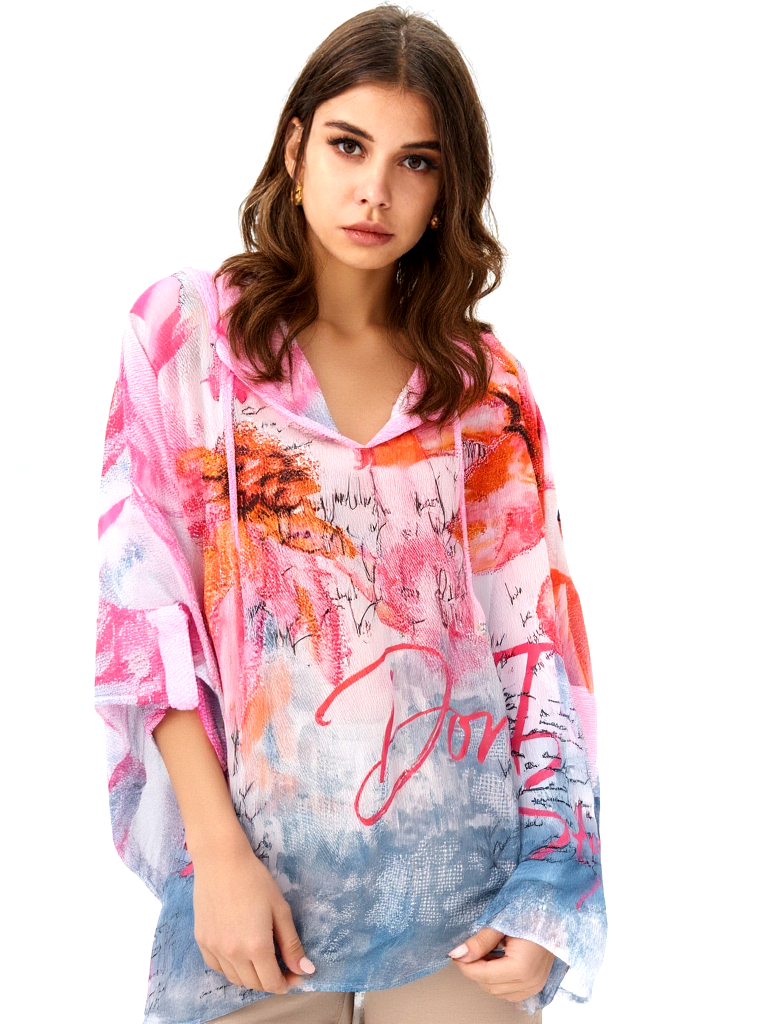 Missy Oversize Hoodie Blusenshirt halbtransparent Chiffon Strass Gr. 36-40