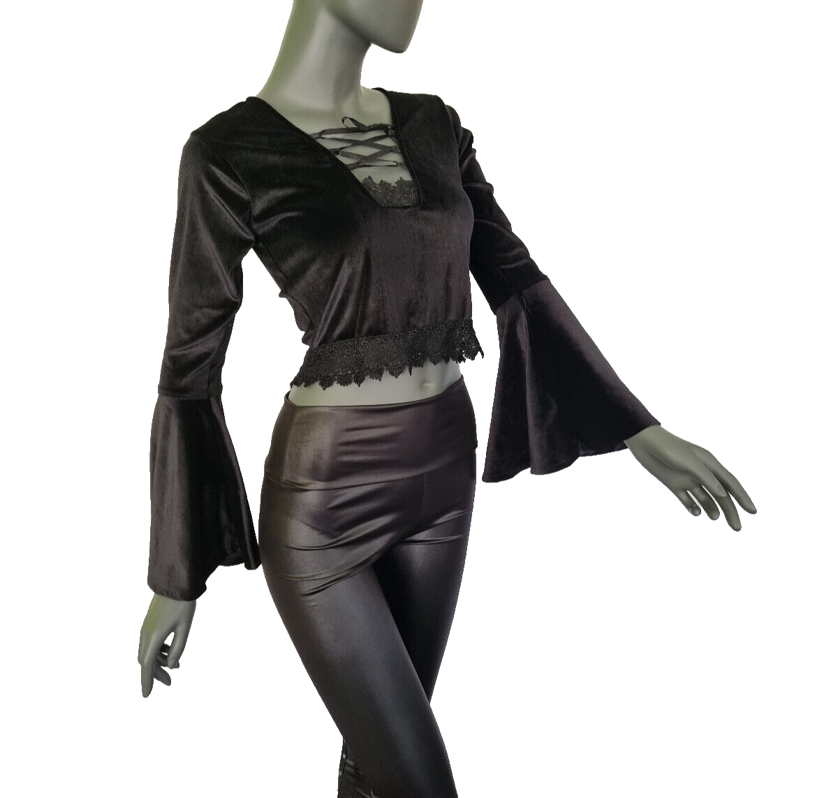 SamtBluse  Gothic Larp dark Witch Medieval  Spitze Glockenärmel 34/36 kleine 38