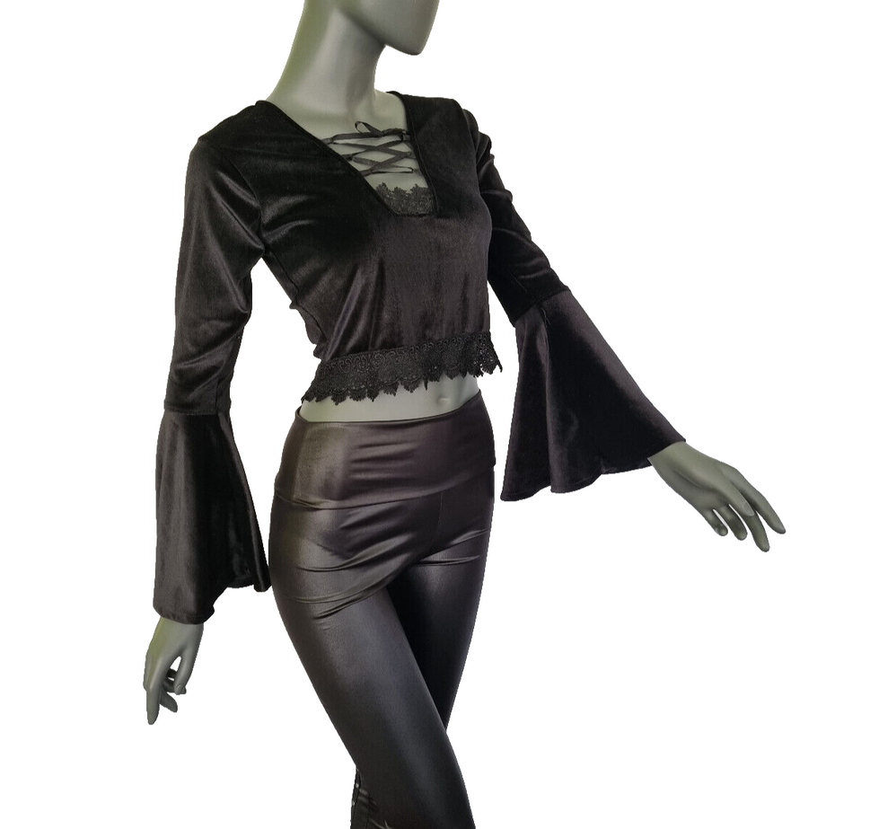 SamtBluse  Gothic Larp dark Witch Medieval  Spitze Glockenärmel 34/36 kleine 38
