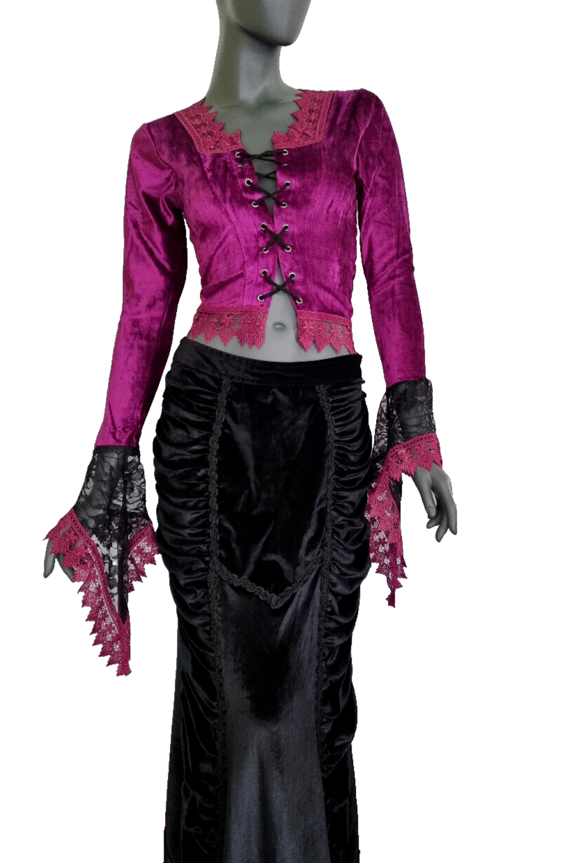 Samtbluse Schnürung Spitze Gothic Victorian Barock Zipfelärmel Gr.34/36