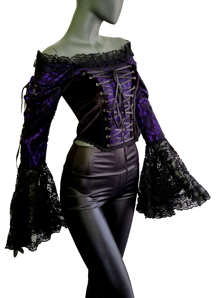 Samt Carmenbluse Mieder Spitze viktorian Barock Gothic Punk Corsagenbluse 34/36
