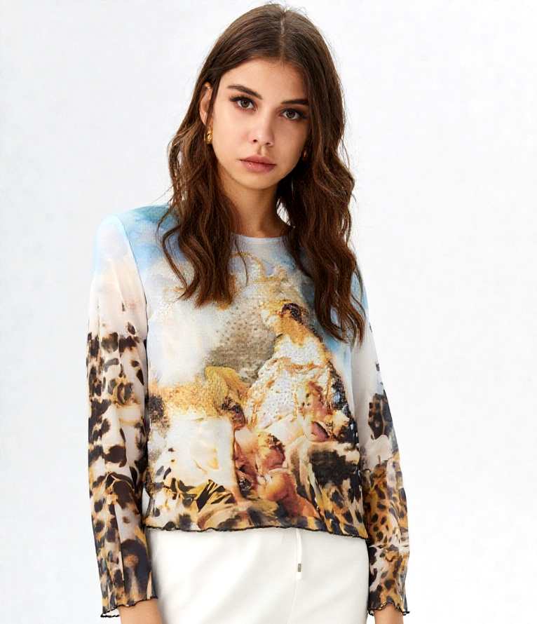 Missy Stretch Chiffon Shirt Barock Gemälde Strass Putto Gr.L