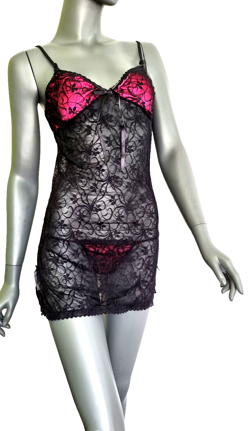 Sexy Negligee Set Mini Kleid String Spitze schwarz pink Gr.34,36,38