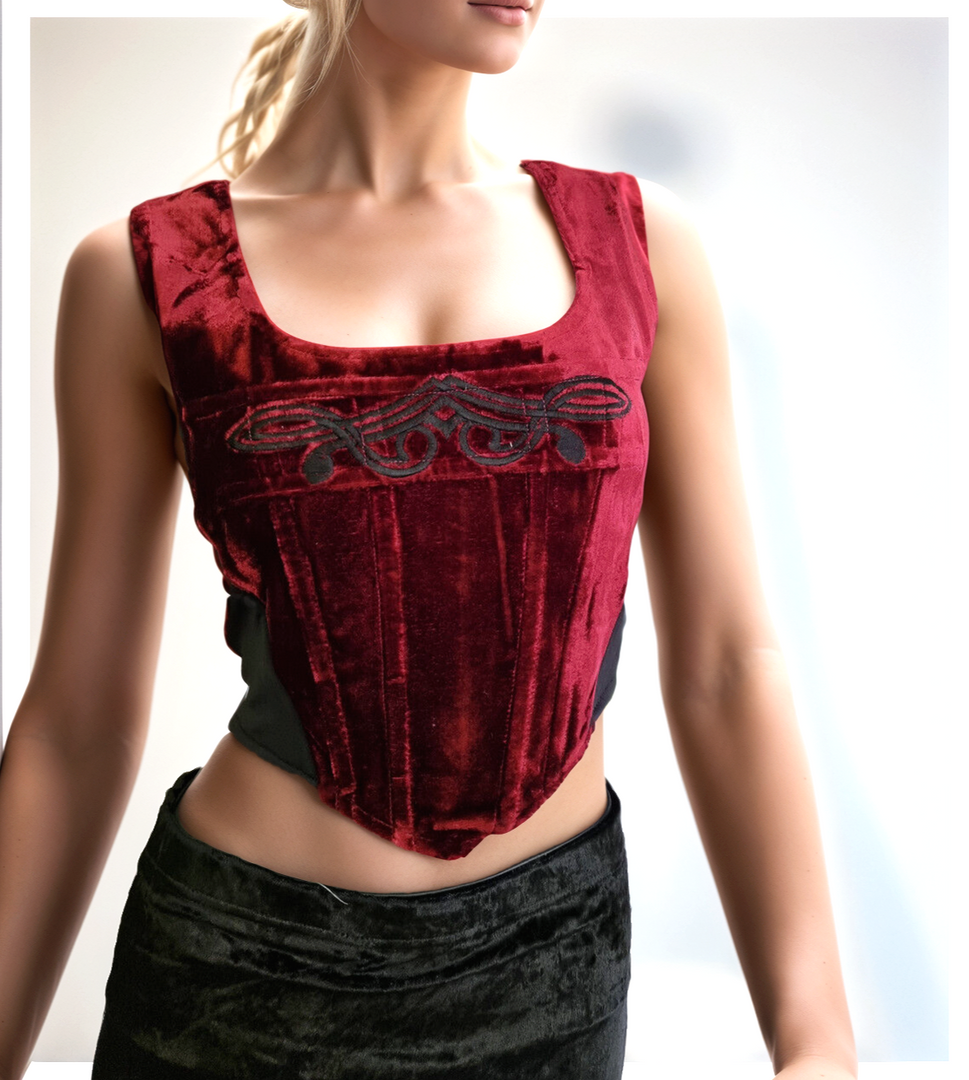 Corsagentop Samt Tribal Gothic Punk Medieval Witch rot Stäbchencorsage Gr.34/36