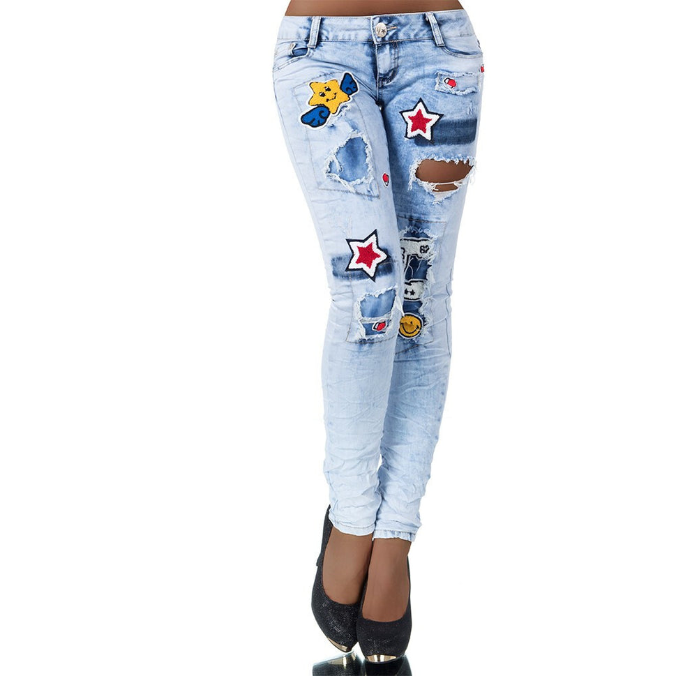 Original Damen Jeans Patches comic destroyed Low Cut Hüftjeans Gr.32-34