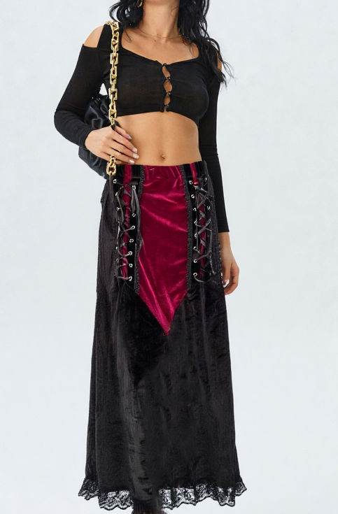 Maxirock Samt Corsagenlook Gothic Witch Punk Country schwarz-rot Gr.34-38