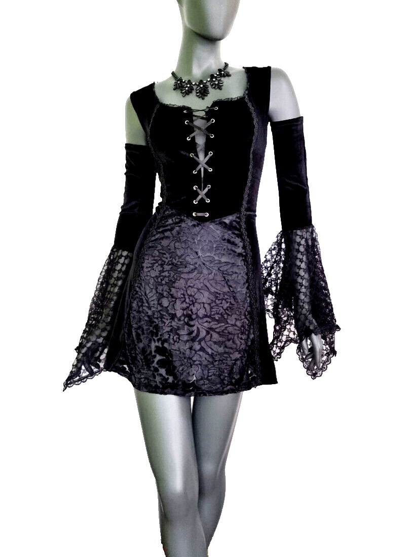 Bäres Samt Longshirt Kleid Gothic  Witch Medieval Punk schwarz Spitze  Gr.38-42