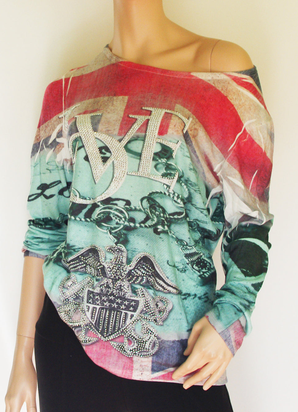 LUNA Italy Union Jack Oversize Vintage  Shirt mit Nieten Gr.34-38