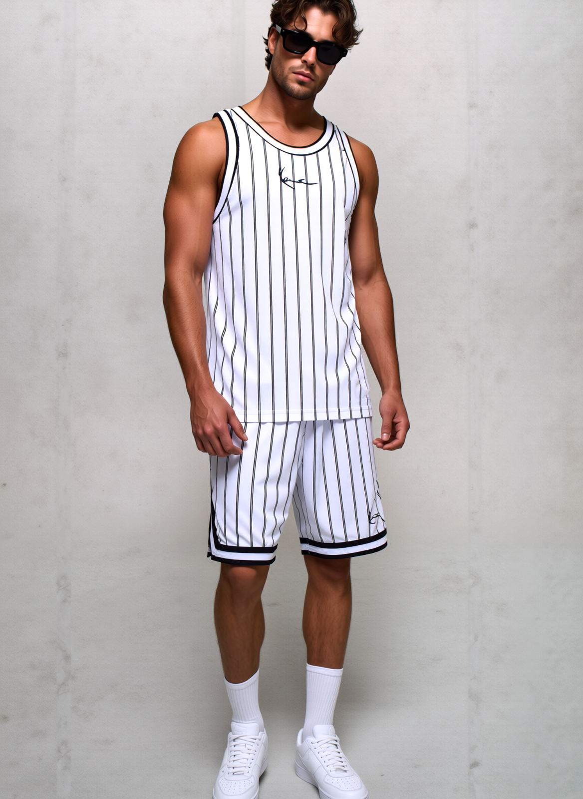 Karl Kani signature pinstripe mesh Set Shorts Tanktop weiß Gr. S
