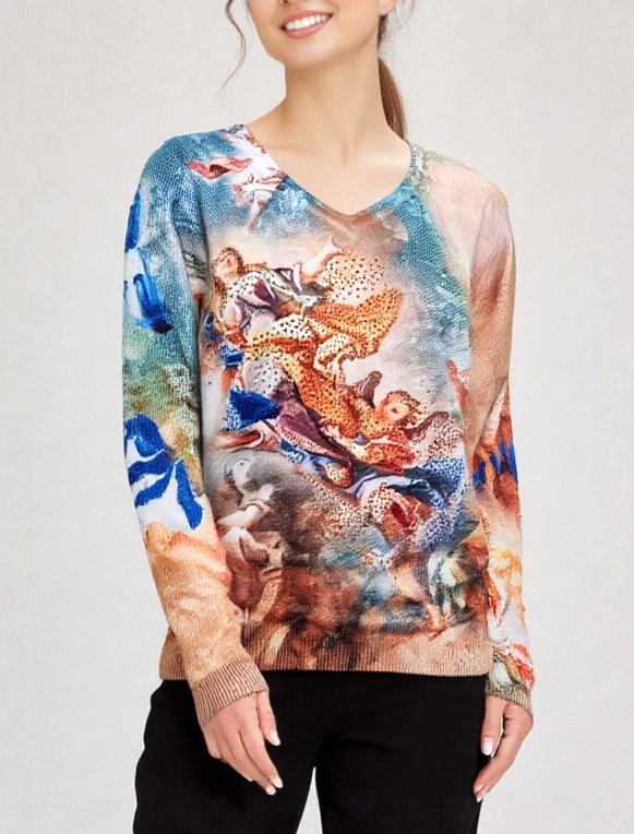 Missy Stretch Feinstrick Shirt Barock Gemälde Strass Nieten Putto Gr.36/38 s/m