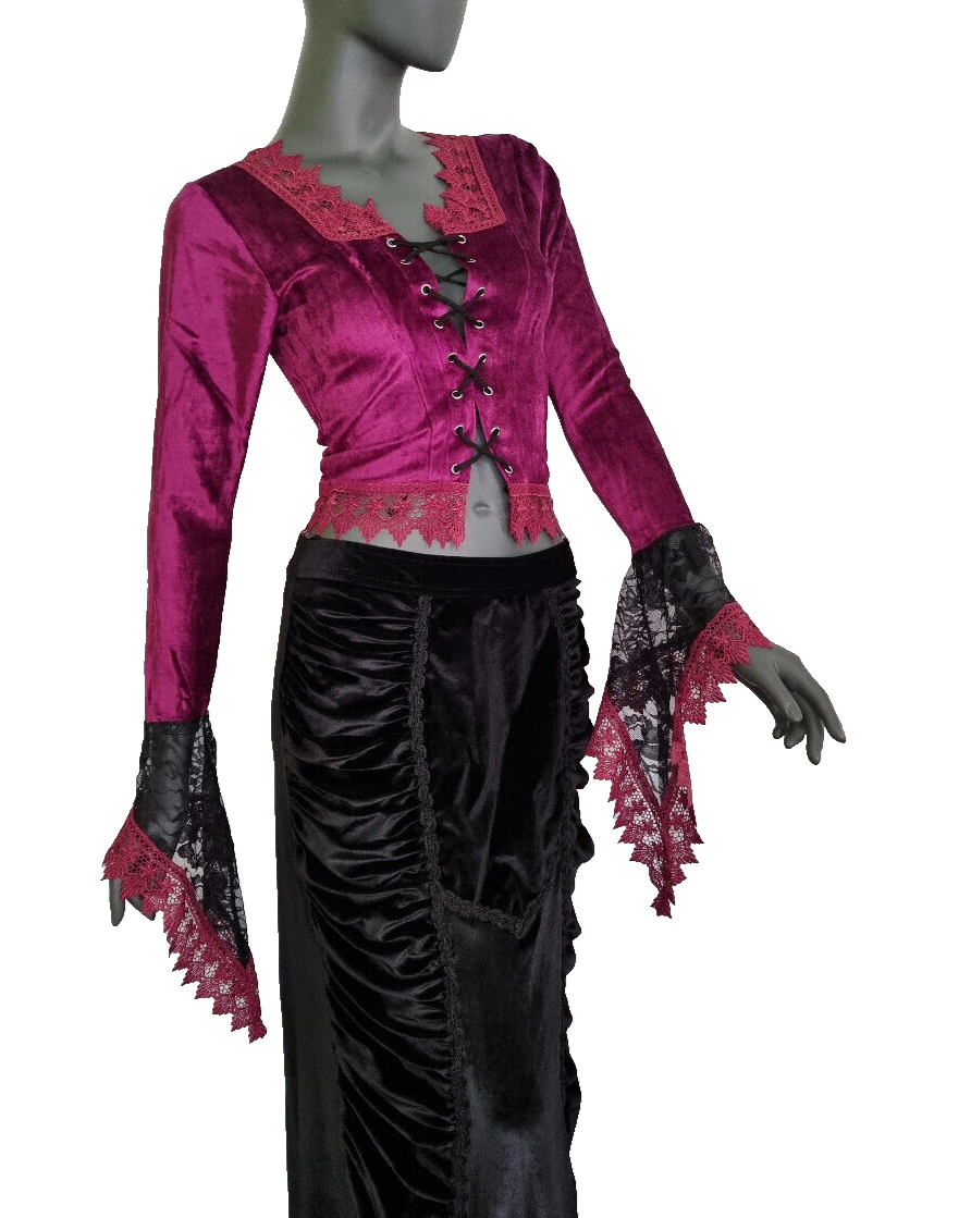 Samtbluse Schnürung Spitze Gothic Victorian Barock Zipfelärmel Gr.36/38