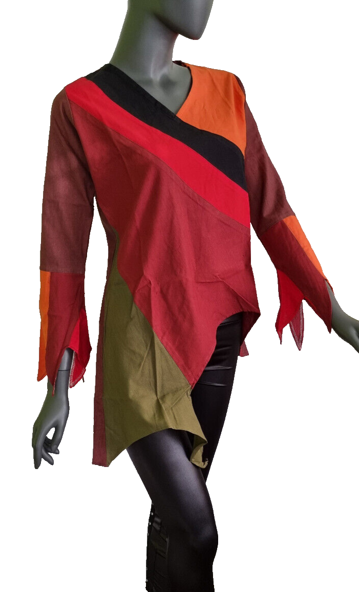 Damen Top Ethno Nepal Hippie Boho Patchwork braun-rot asymetrisch Gr.38-40