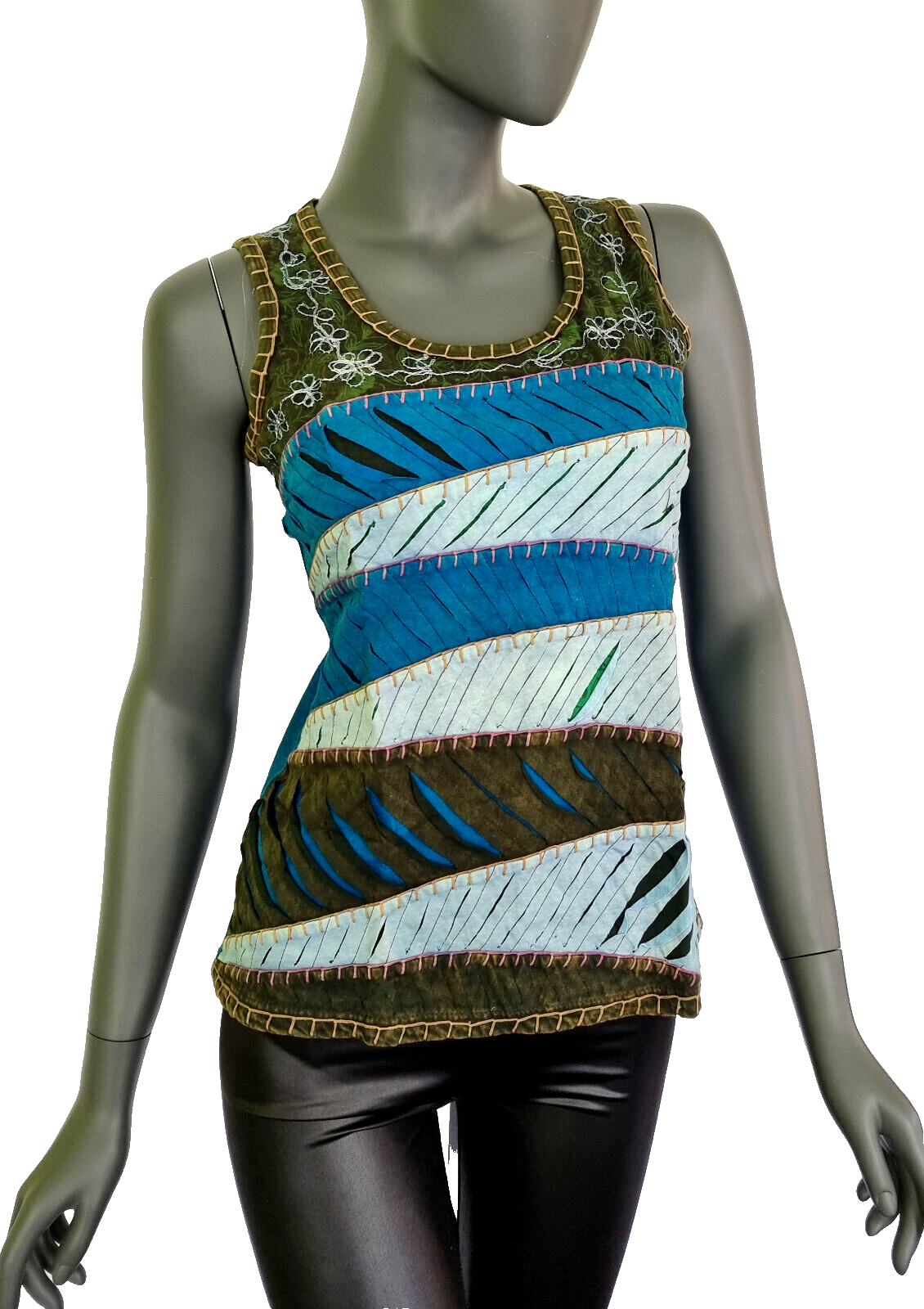 Razor Cut Damen Top Ethno Nepal Flower Hippie Boho Vintage blau Gr.34-38