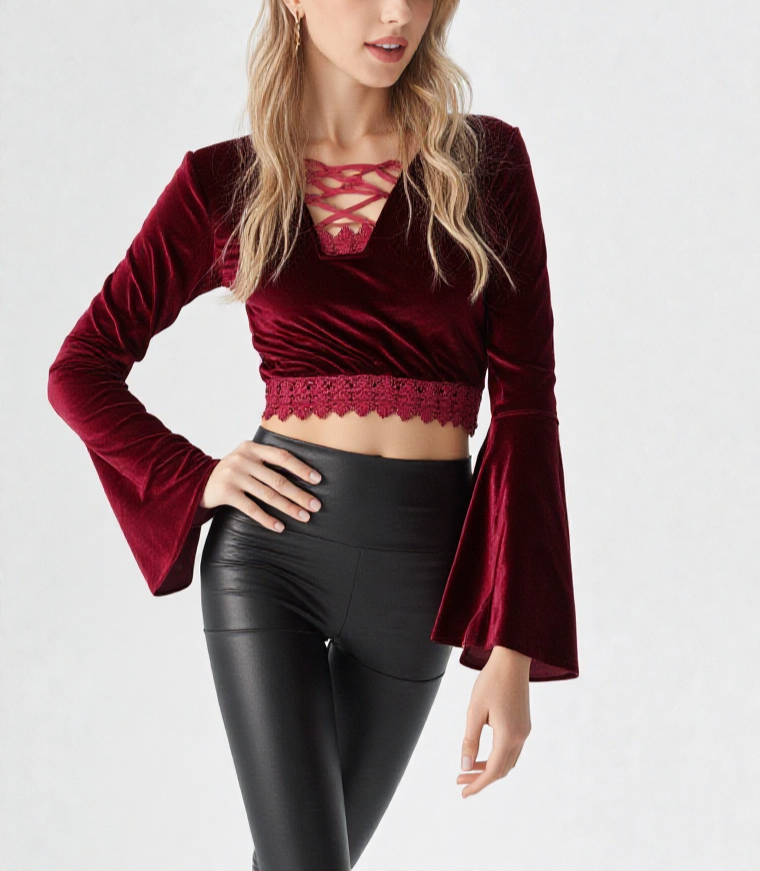 SamtBluse Gothic Larp dark Witch Medieval Spitze bordeaux Glockenärmel 36-40