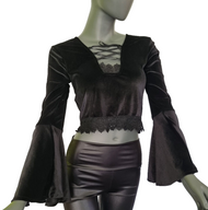 SamtBluse  Gothic Larp dark Witch Medieval  Spitze Glockenärmel 34/36 kleine 38