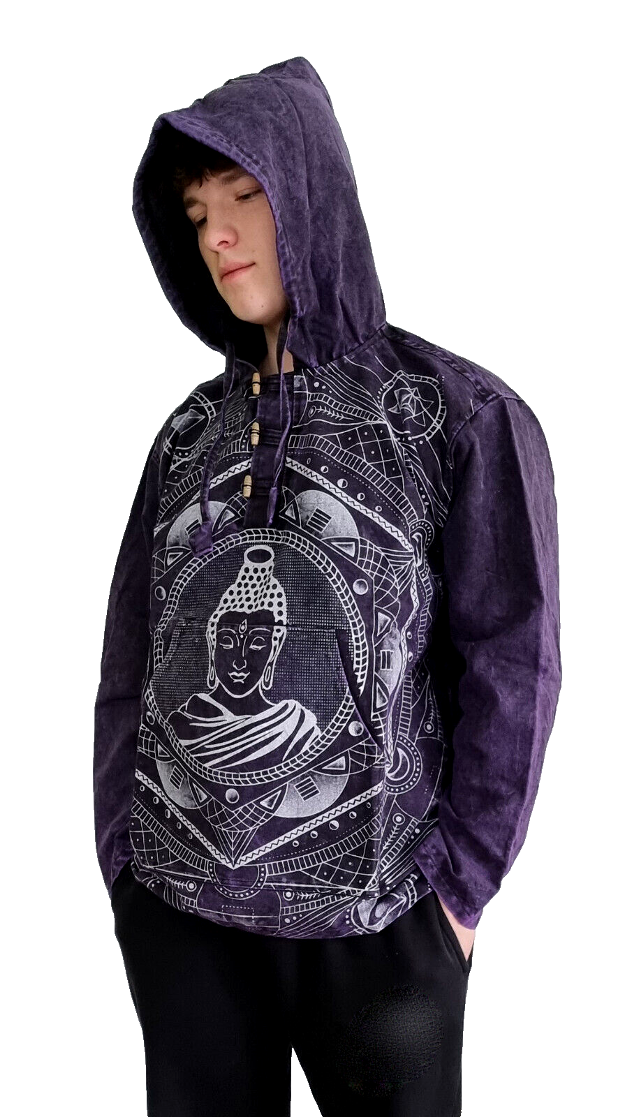 Buddha Herren Hemd-Shirt Nepal Ethno Hoodie Nepal Knebelverschluss Gr. L/XL