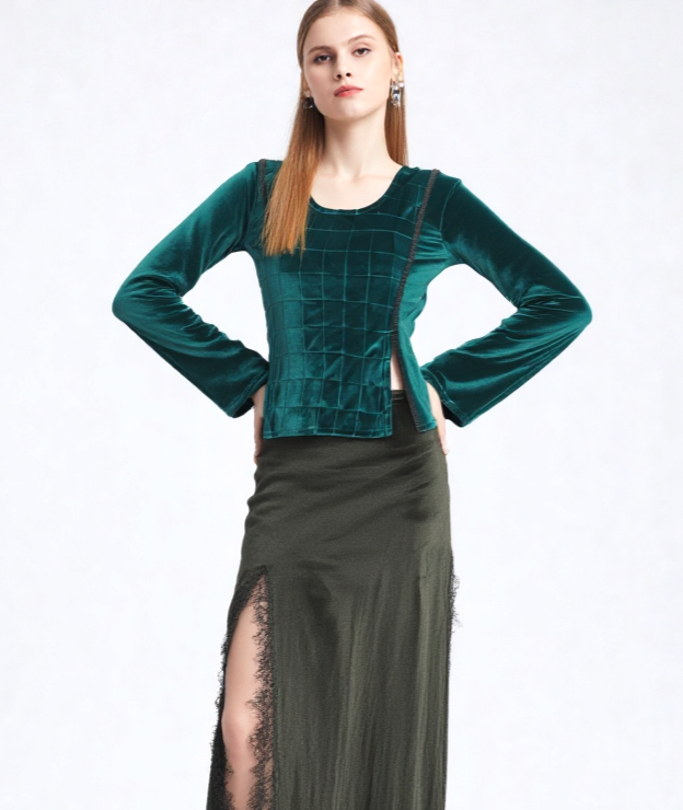 Samtshirt grün Longsleeve Gothic Mittelalter Witch Pixie Gr. 34-38