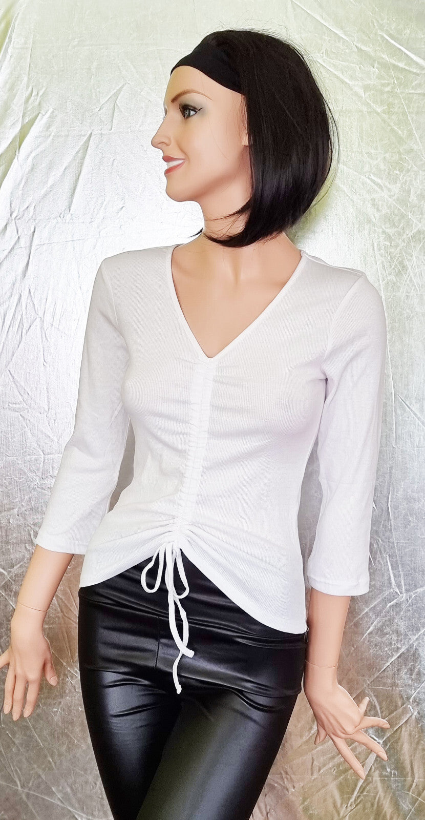 Rippshirt Schnürung Raffung weiss variabel 3/4 Arm Gr.34-46