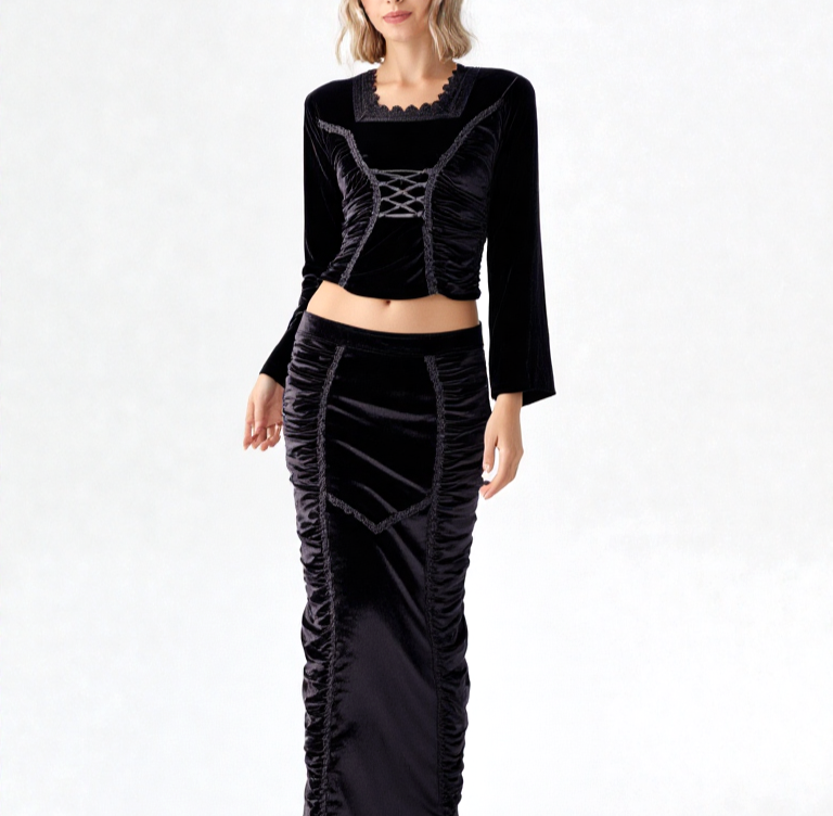 Bäres Samtshirt langarm Corsagenlook Raffung Gothic Viktorian schwarz Gr.36/38