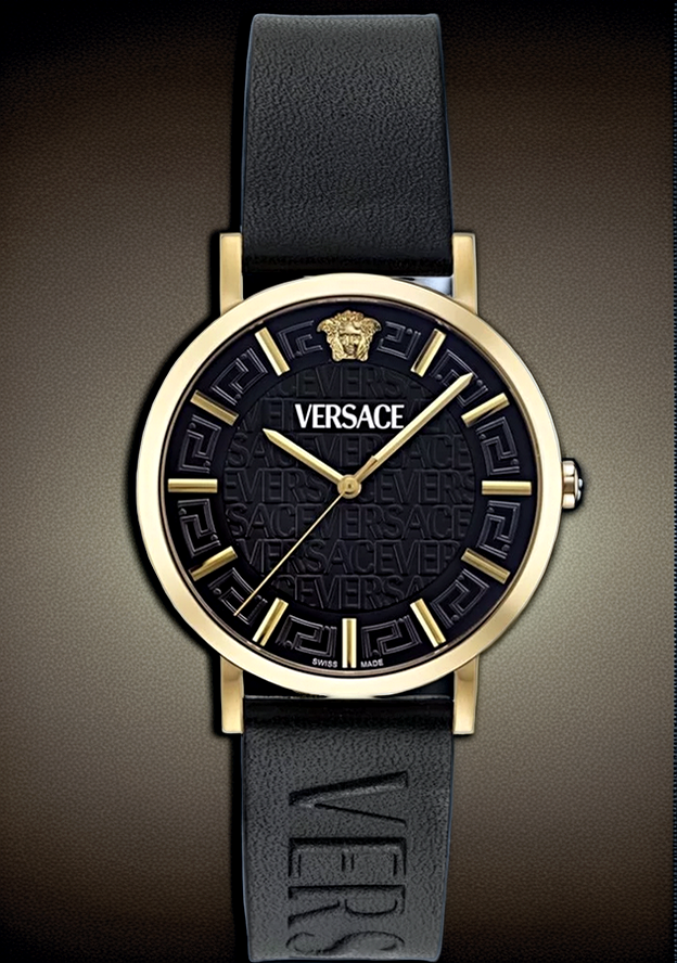 Versace Herren Uhr Greca Slim Gold Schwarz Leder VE8Q00224