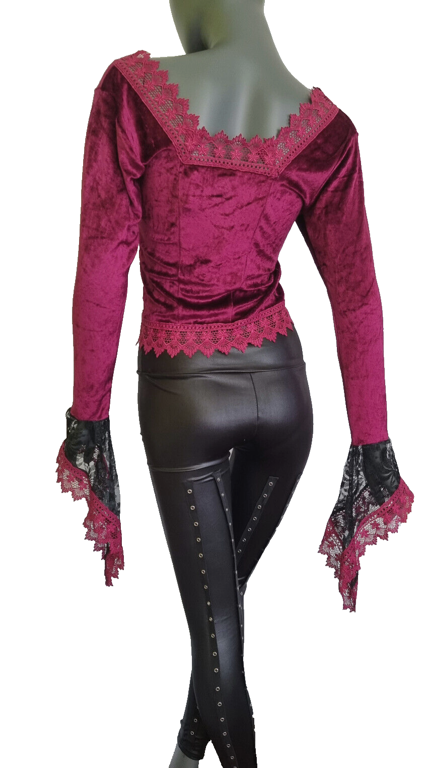 SamtBluse Boho Ethno Gothic Medieval schwarz Zipfel Schnürung 34-38