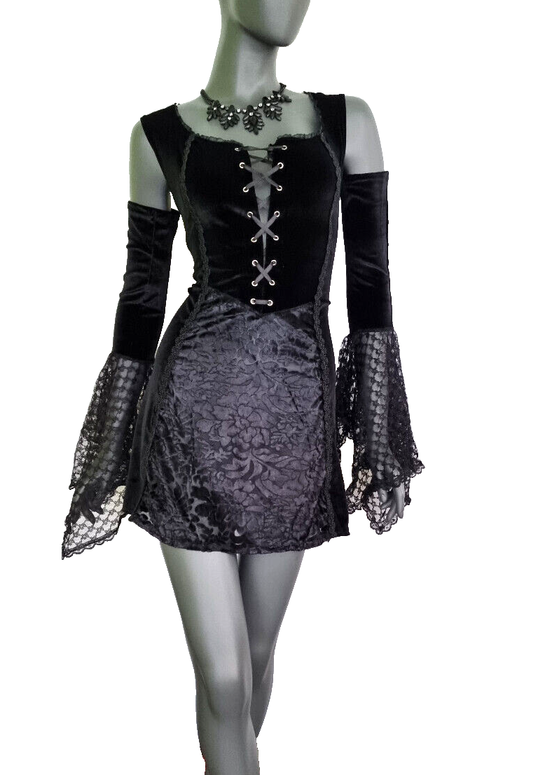 Bäres Samt Longshirt Kleid Gothic  Witch Medieval Punk schwarz Spitze  Gr.38-42