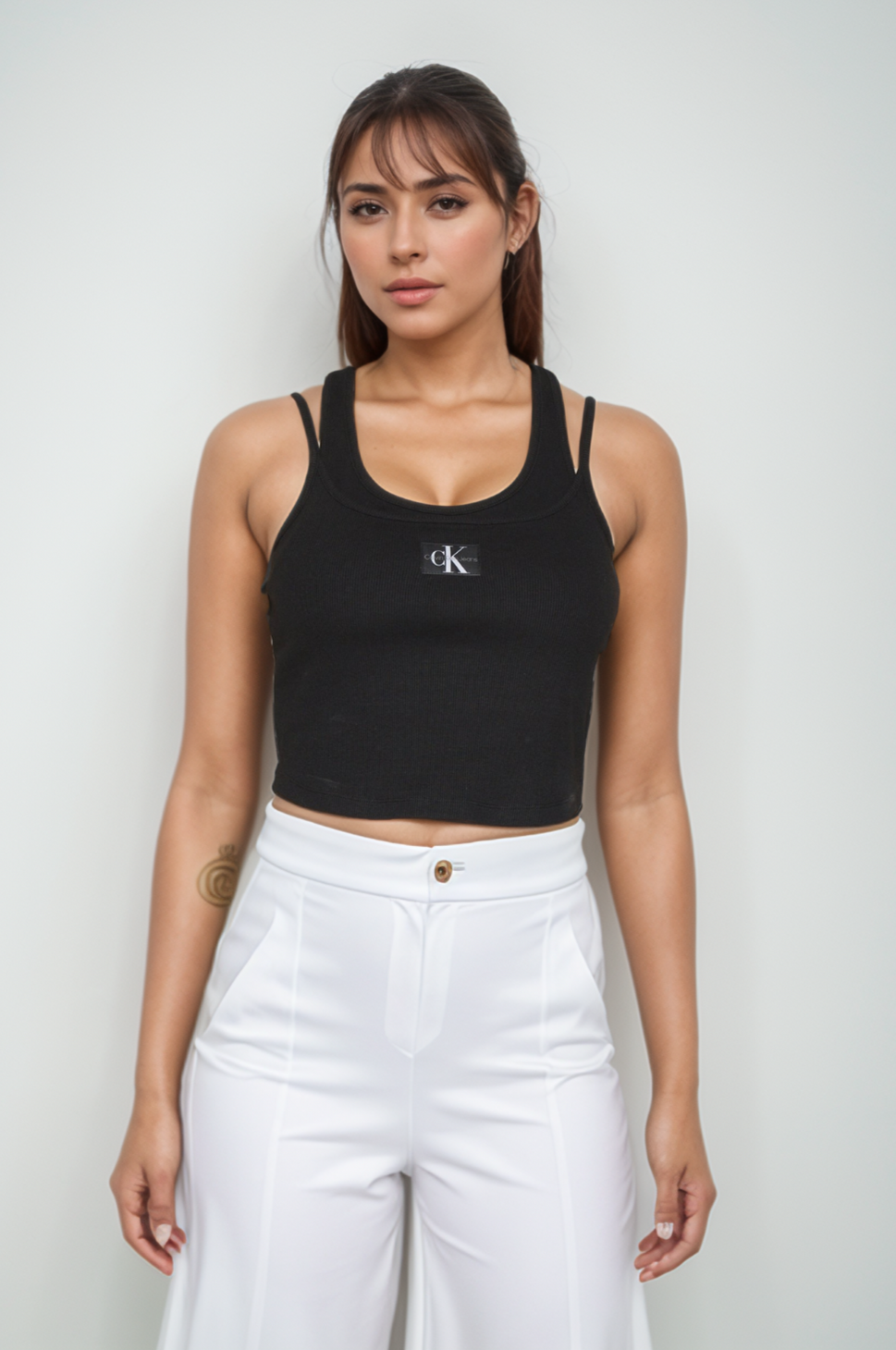 Calvin Klein Badge Rib double Layer Top crop black Gr.XL 40/42