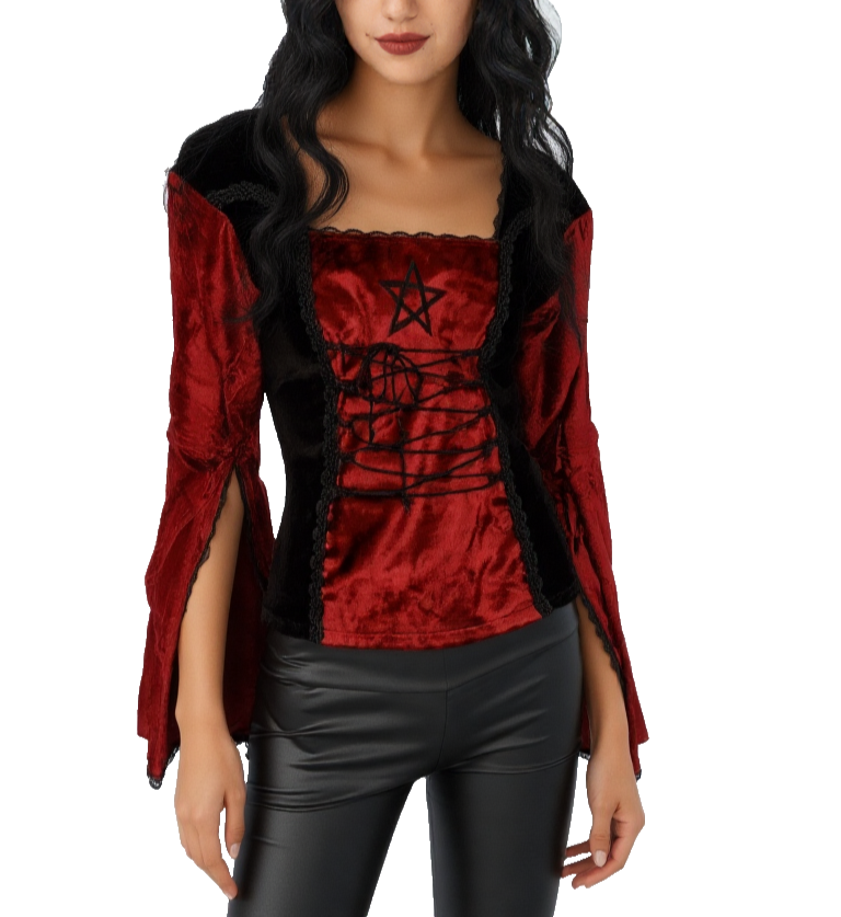 Gothic Samt-Bluse bordeaux Pentagramm Witch Dark role-playing Gr.38/40
