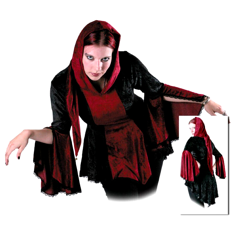 Bäres Gugel Samttunika Spitze Gothic Punk Medieval schwarz-bordeaux Gr.40-44