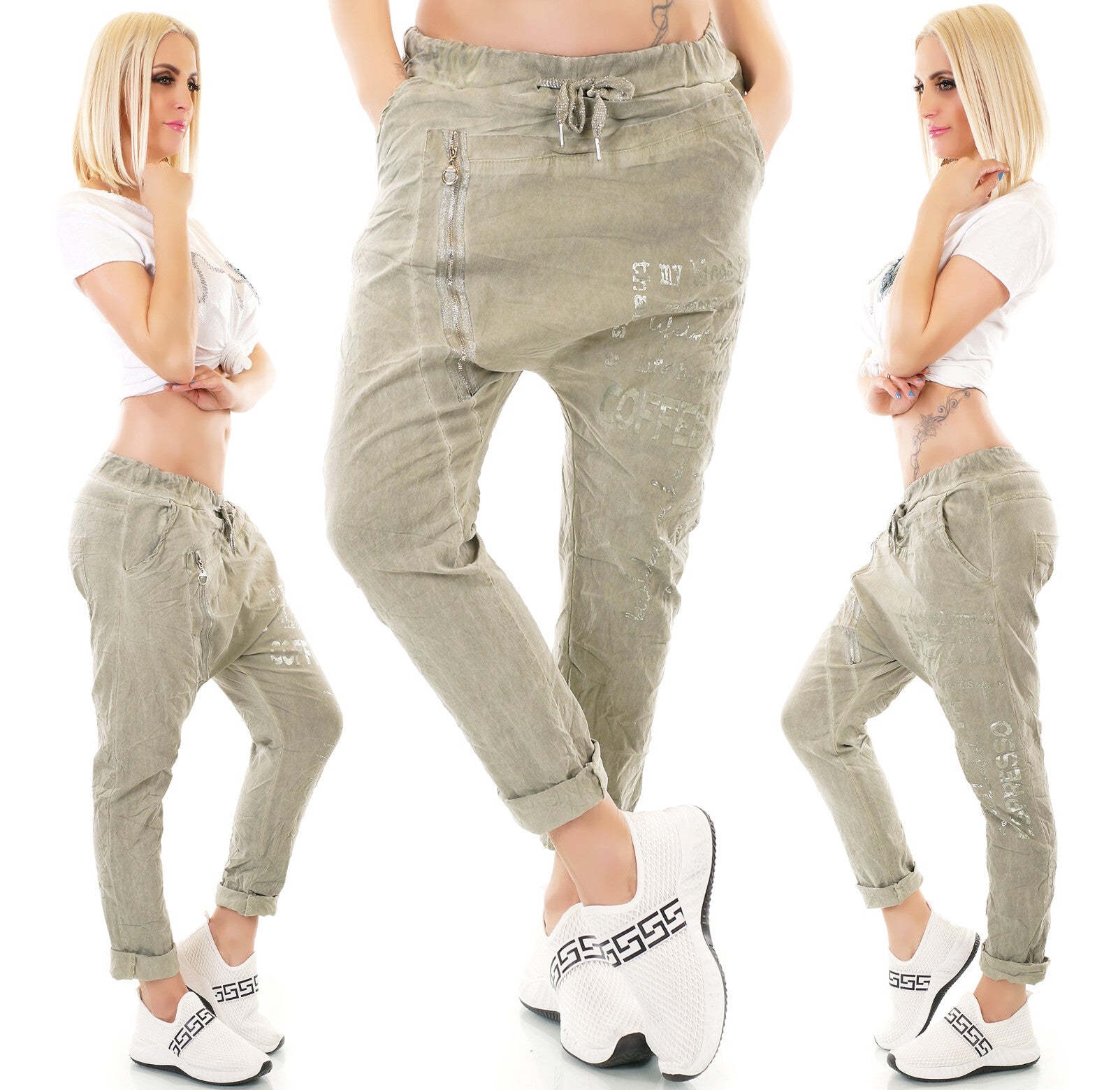 Sexy Freizeit Harem Jogpants Zipper khaki Gr.34-38
