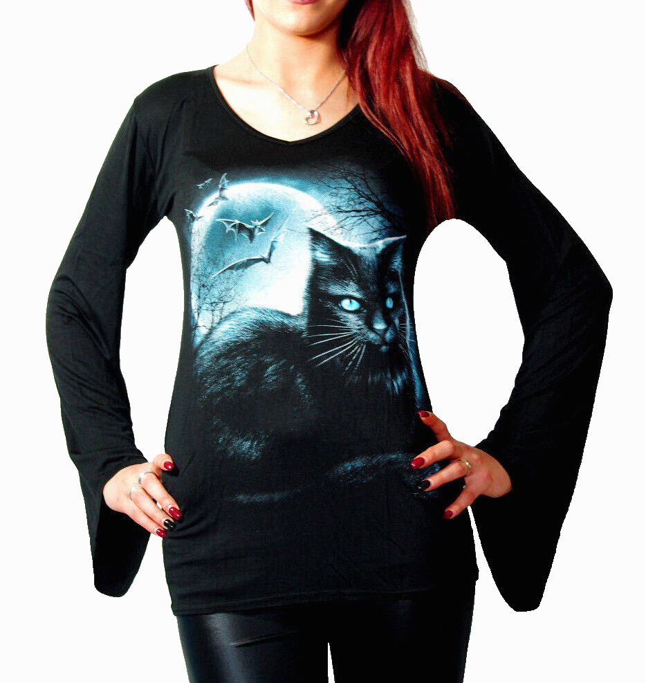Spiral stretch Shirt Longsleeve blue Eyes Cat Gothic Gr. 38/40